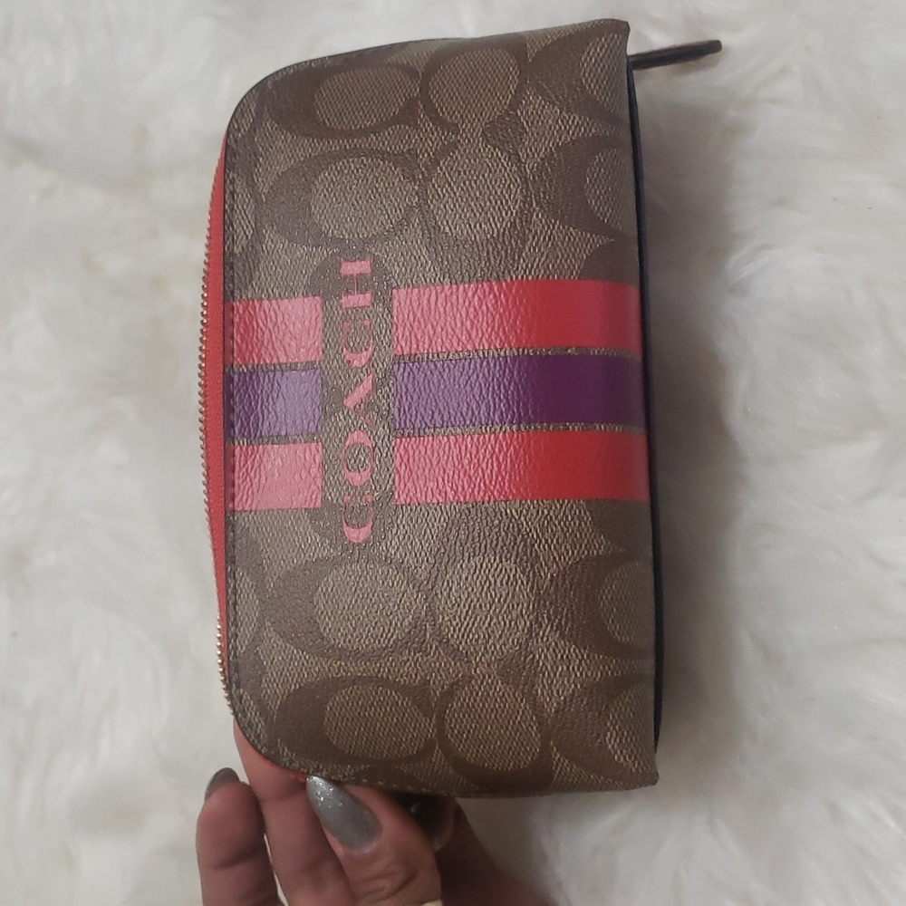 NWT, COACH Signature Varsity Cosmetic Case, In |Khaki|Watermelon, F66193